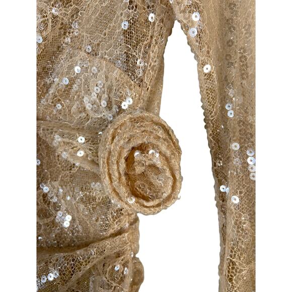 LPA Aniella Sequined Lace Gown Rosette One Shoulder Formal Party Champagne S - Picture 7 of 16